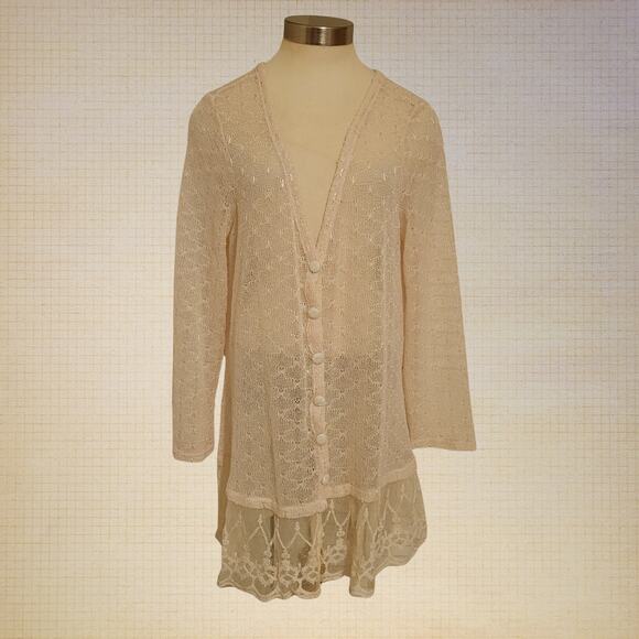 Krazy Kat Cream Lace Oversized Cardigan Women's XL Button Front Sheer Romantic - Picture 1 of 10